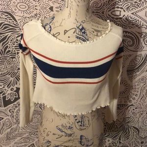 Off the shoulder white red and blue shirt